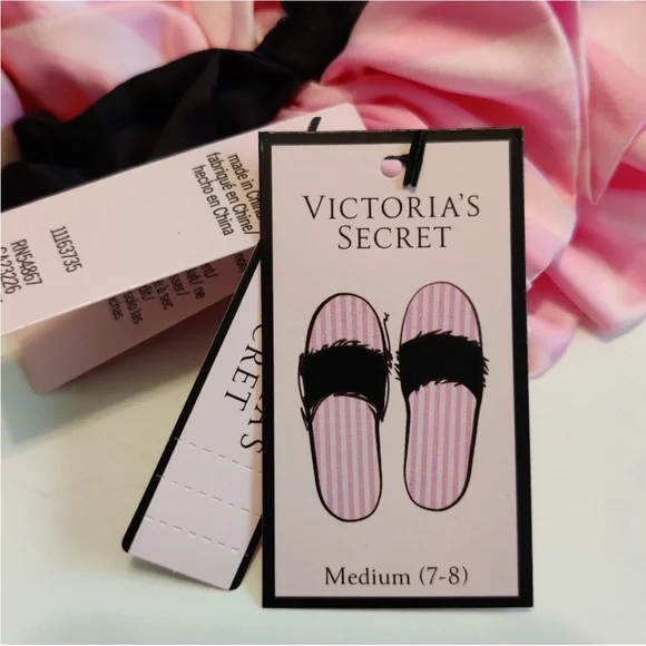 Victoria's Secret Slippers Pink Stripe Black Fur Size 7-8 - Picture 8 of 8